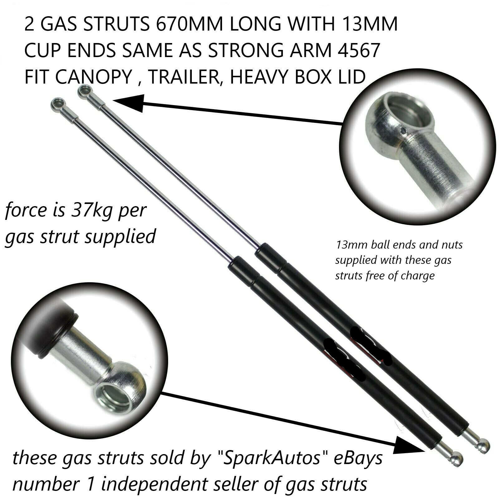 2 gas struts 670mm long 370N fit ute lid trailer box lid camper
